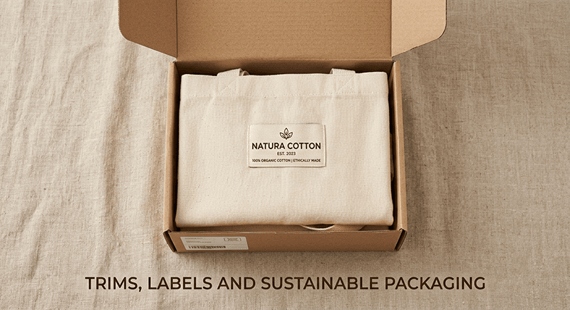 organic clothing promise with trims labels and sustainable packaging